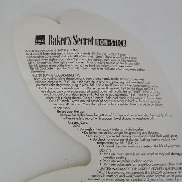 Ekco Easter Bunny Cake Pan Non Stick Bakers Secret Vintage Metal Holiday Mold - Picture 4 of 7